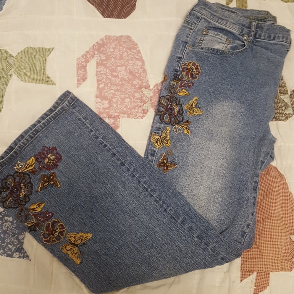 Denim Jeans with Golden Floral Design